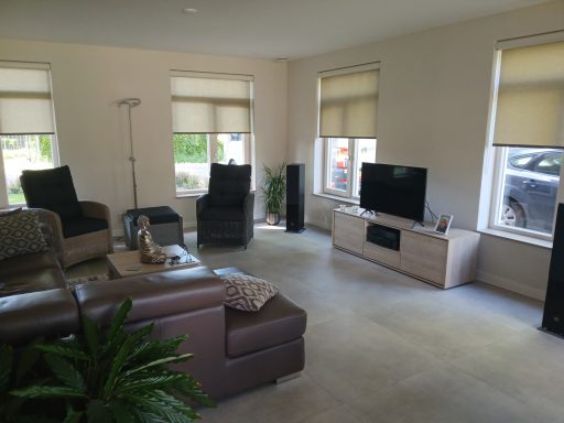 Ruime woonkamer met comfortabele stoelen, televisie en planten. Goede lichtinval.
